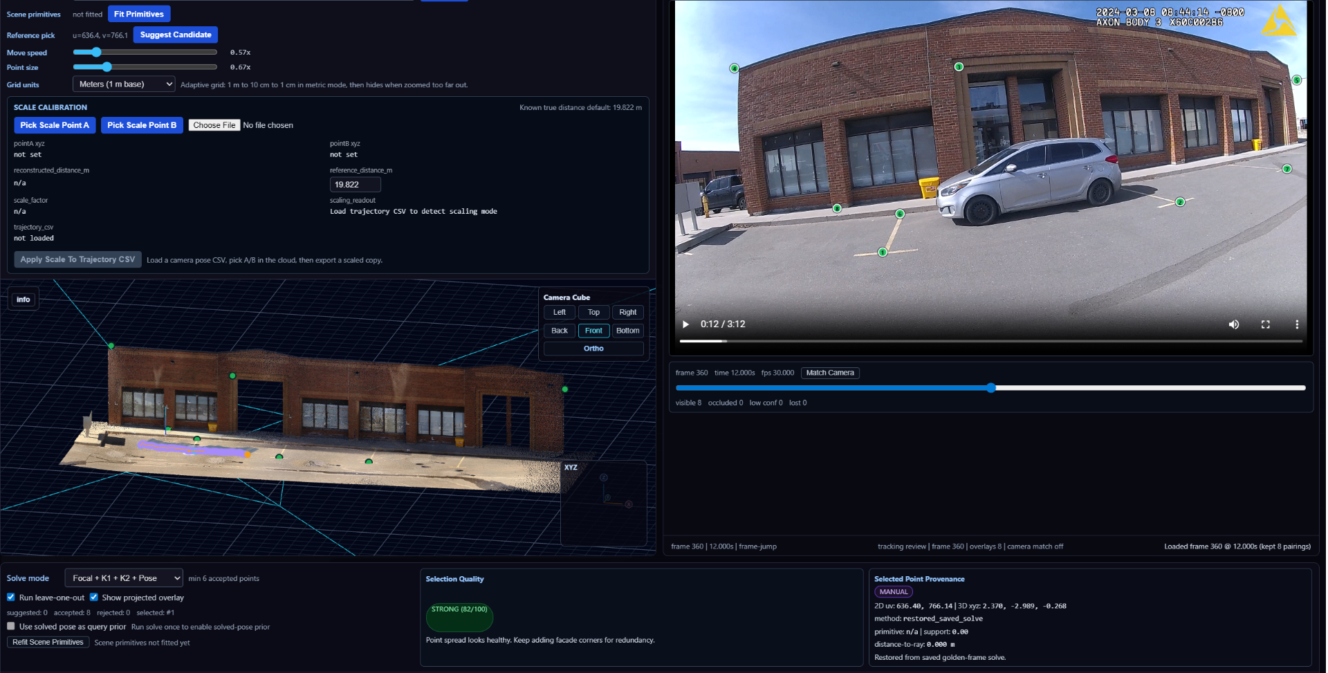 Split view: source video frame with selected 2D points alongside the constrained 3D scene geometry used for camera-to-scene alignment.