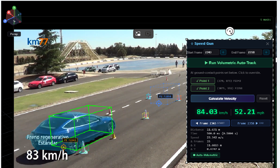 Constrained vehicle bounding box with speed gun panel reporting 84.03 km/h, alongside an 83 km/h reference visible in the source footage overlay.